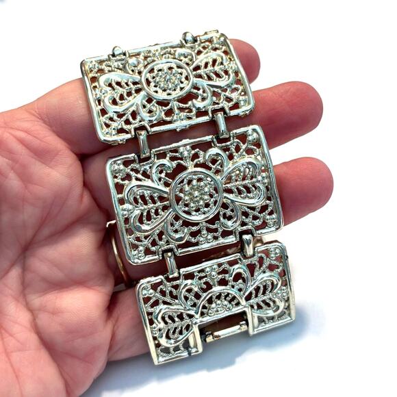 Vintage 1970's bracelet wide silvertone filigree panels mod chunky chain link - Picture 6 of 6
